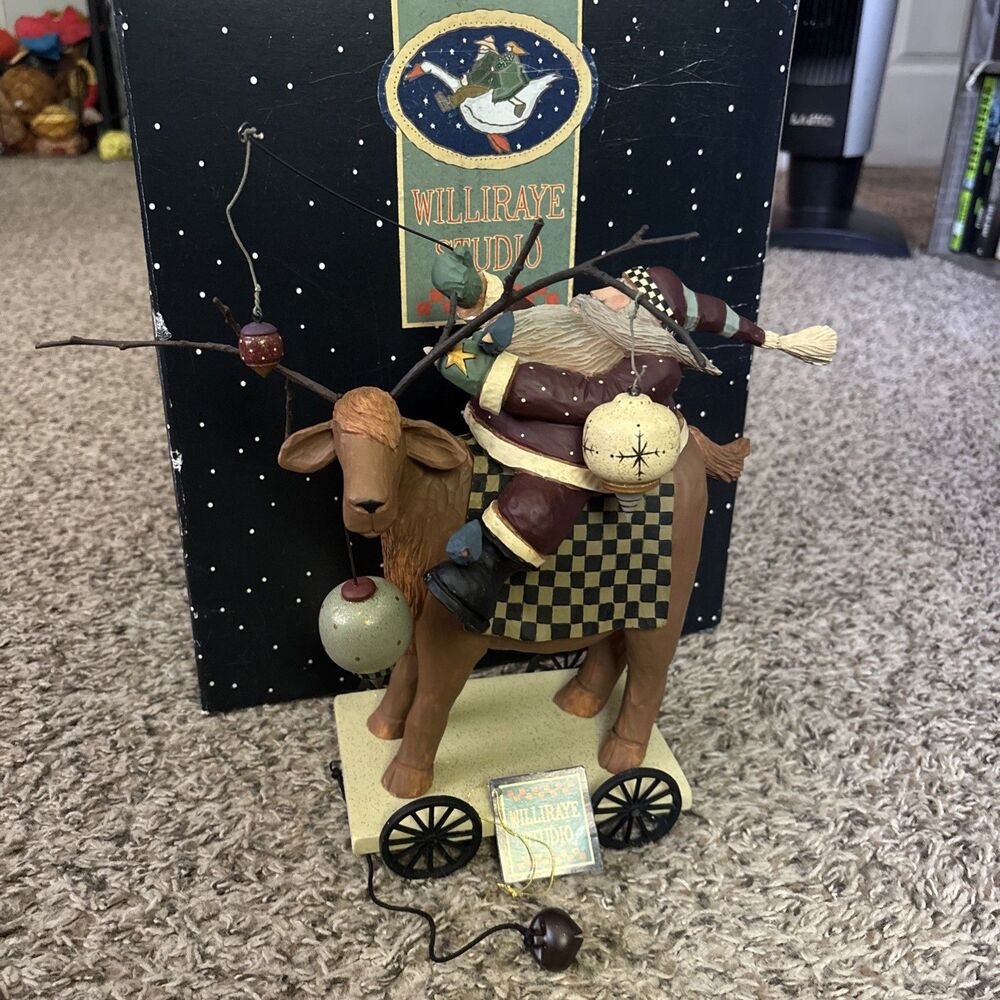 2002 Willirae Studio “A Little Holiday Decorating” Santa & Reindeer Figurine